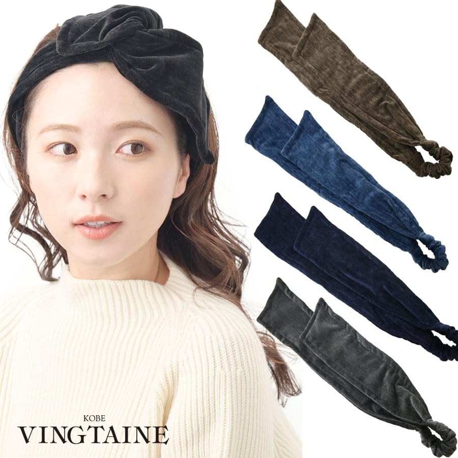 VINGTAINE Velvet Asymmetrical Ribbon Headband with Marbled Turban Hair Cute Wire, Accessory, Gift, H7861-BK