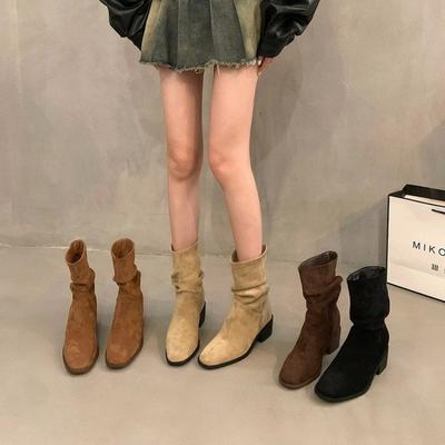 Retro Stacking Boots Women's Summer and Autumn New Thin Khaki Martin Boots Thick Heel Photo Cowboy Short Boots Women