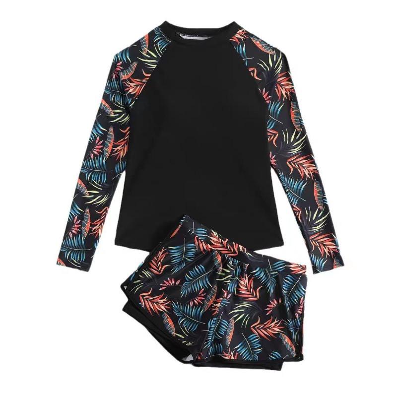 New European and American Swimwear Long-sleeved Printed Splicing Double-layer Boxers Women's Split Tankini Swimsuit