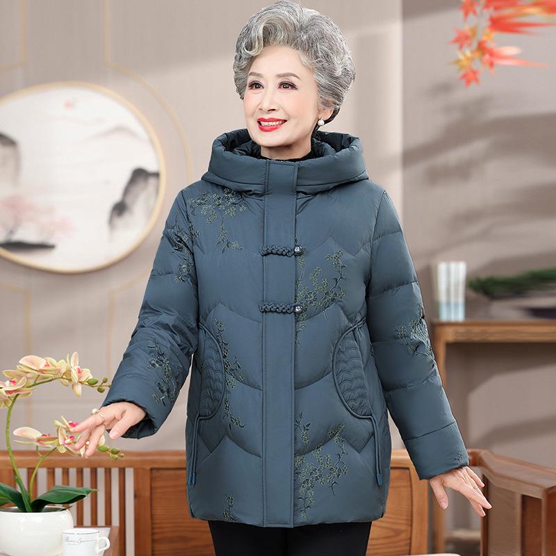 Embroidered Winter Down Jacket with Frog Buttons for Elderly Women