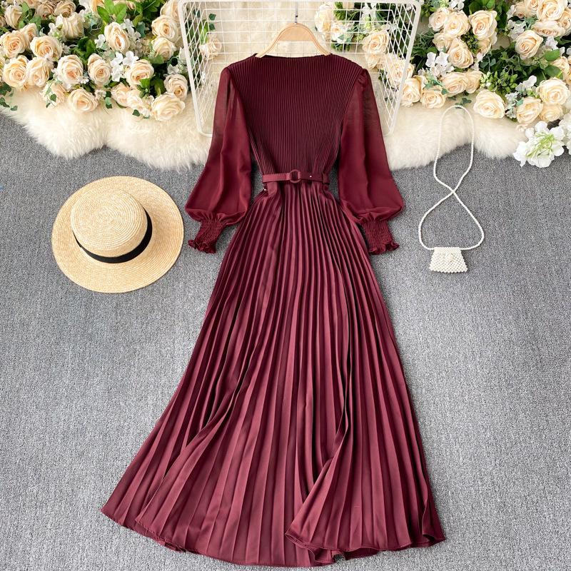 Vestido plisado francés de primavera para adelgazar - Elegante falda larga que ciñe la cintura