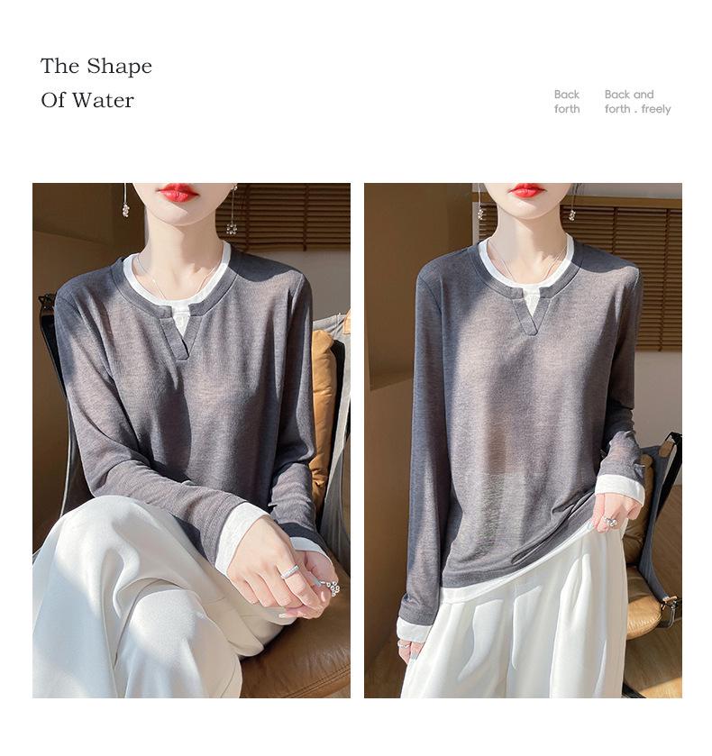 Women's Faux Two-Piece Color Block Knit Top with Round Neck and Long Sleeves - Spring Collection