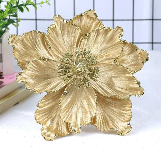 Artificial Christmas Flowers Large Glitter Magnolia Decoration Sparkling Xmas Tree Ornaments Wreath Garland Home Party Decor DIY Crafts