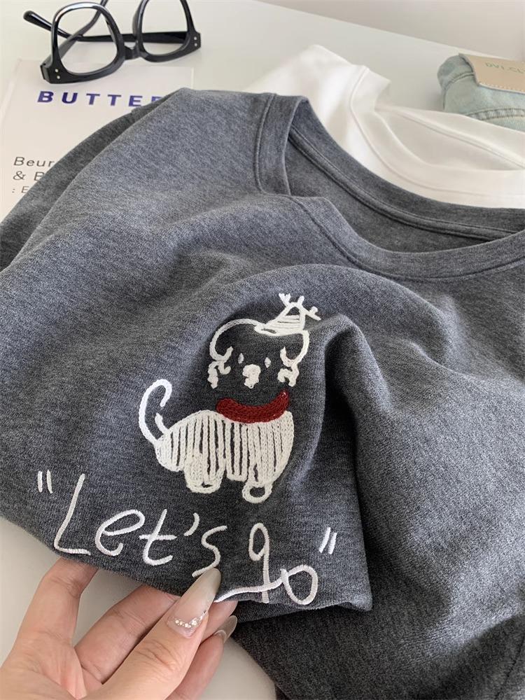 Graues besticktes Welpen Damen Casual Locker Kurzarm T-Shirt, Frühjahr 2025 Kollektion