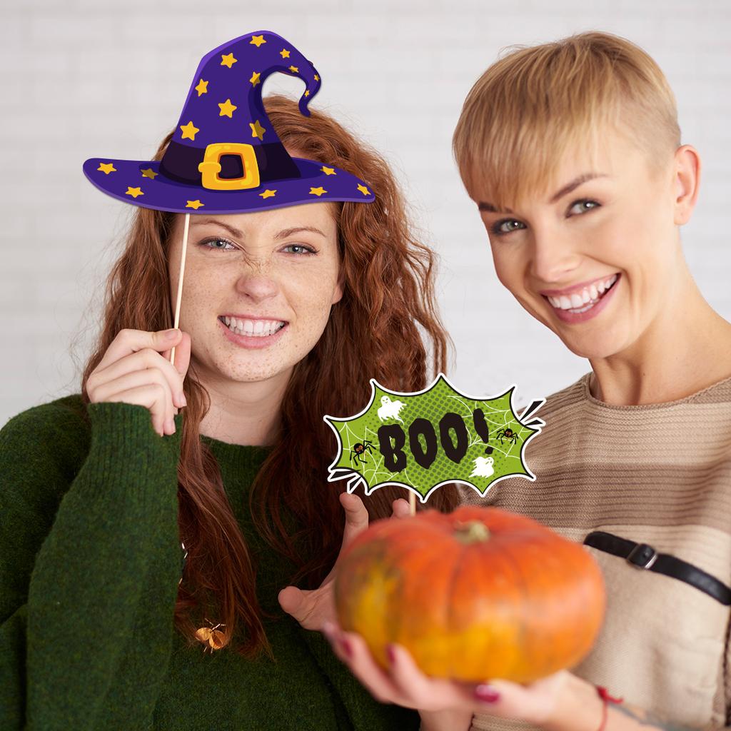 30pcs Happy Halloween Photo Booth Props Kit Witch Hat Pumpkin Bat Fancy Selfie Picture Prop for Kids Adults Dress Up Accessories