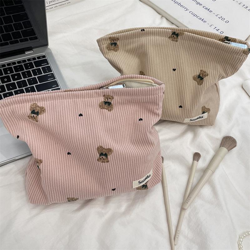 Portable Cartoon Bear Makeup Bag Corduroy Large Capacity Cosmetic Bag Pen Bags For Women Lady Girl