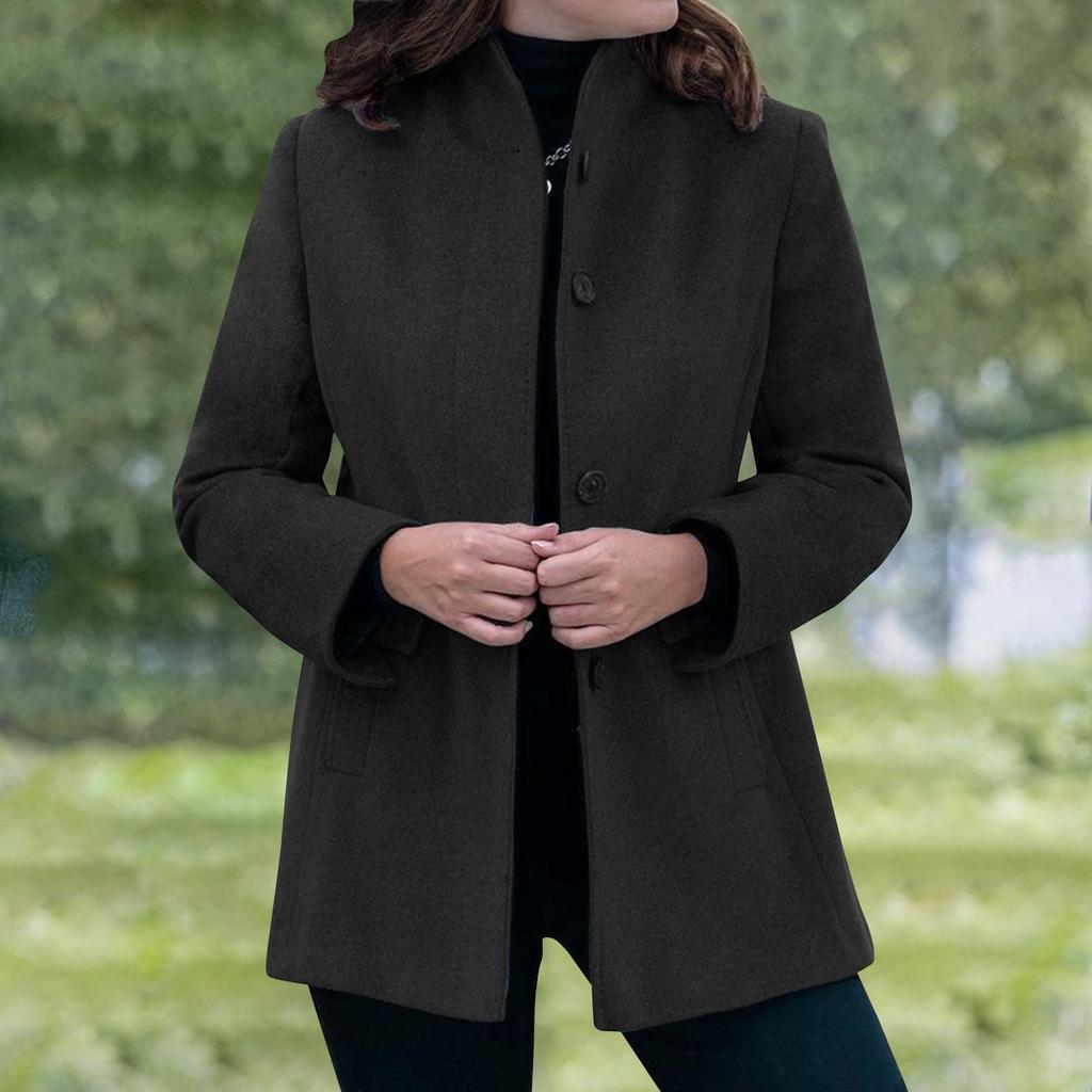Manteau d'hiver en laine à manches longues pour femme, coupe décontractée, coupe ajustée, revers, fausse poche, cardigan à boutons