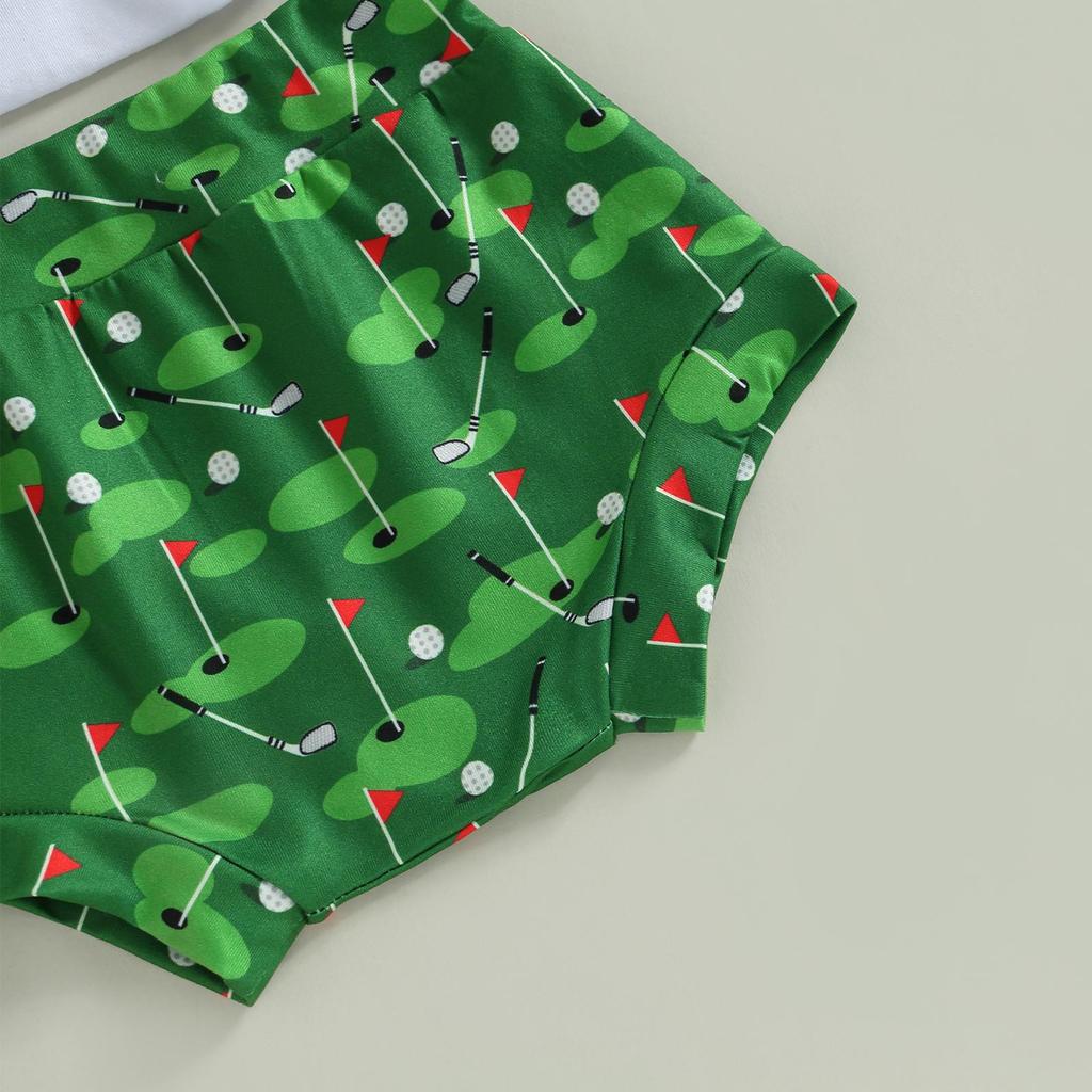 Baby Boys Clothes Suits Letter Print Short Sleeve Crew Neck Romper Golf Print Shorts Headband 3Pcs Set