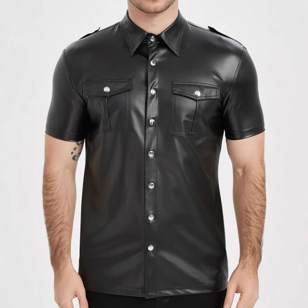 Herren Kurzarm Custom Street Style Hemd mit Knöpfen Motorradjacke für Partys, Alltag und Club-Outfits