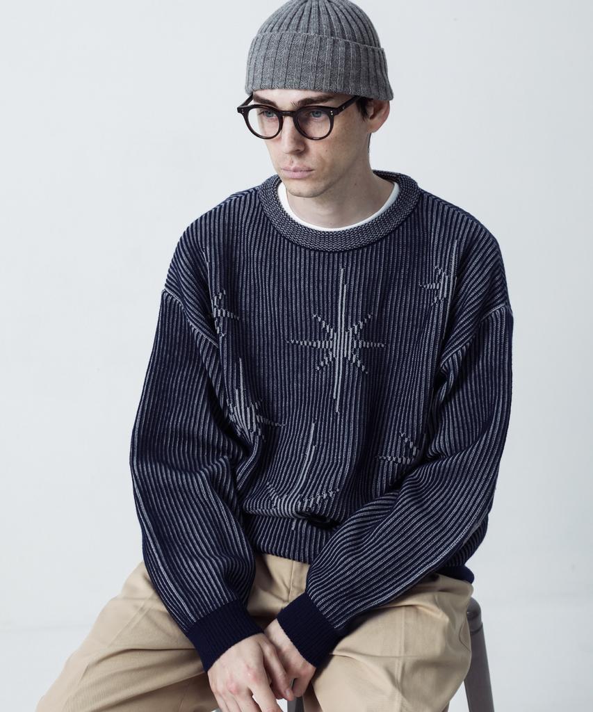 STAGE NAME Two-Tone Winter Stars Round Neck Oversized Knit_Navy