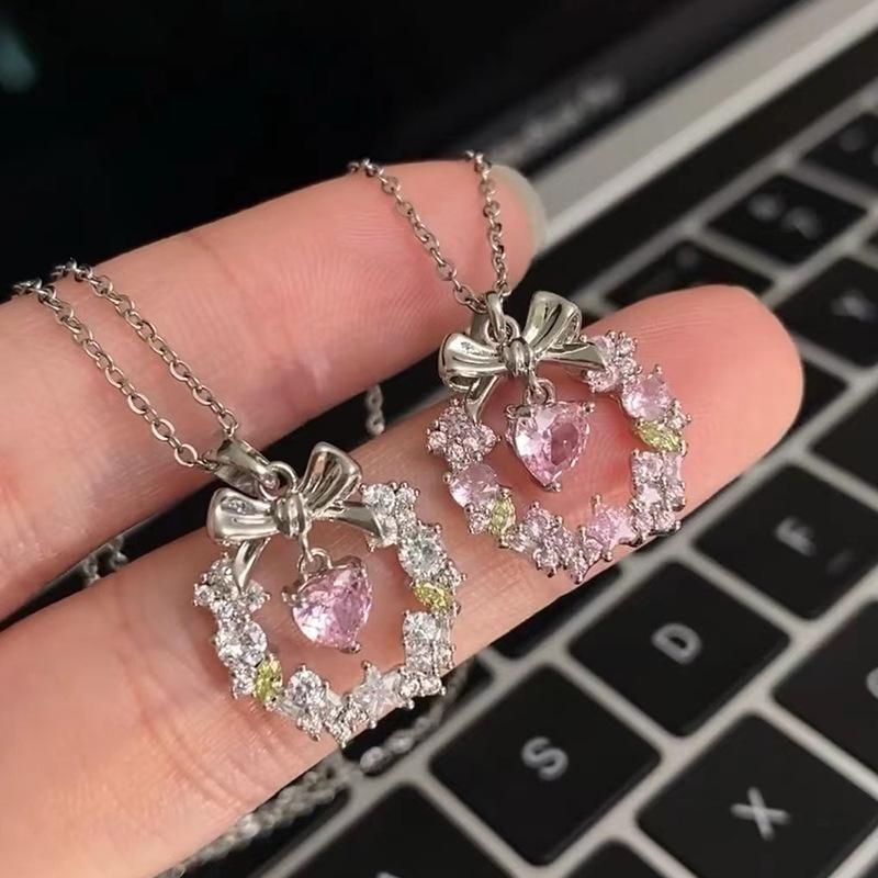 Elegant Pink Sweet Crystal Heart Pendant Necklace for Women Girl Y2K Zircon Bow Knot Romantic Choker Aesthetic Jewelry Gift