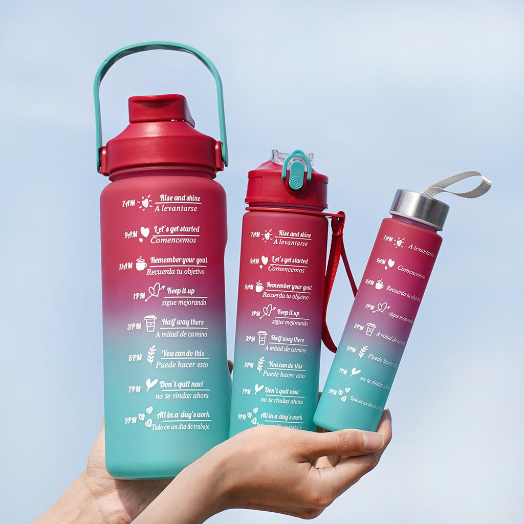3Pcs Set Sports Water Bottles with Straw 9oz/25oz/64oz BPA-Free Durable and Leakproof Cups with Time Marker for Gym Travel Home