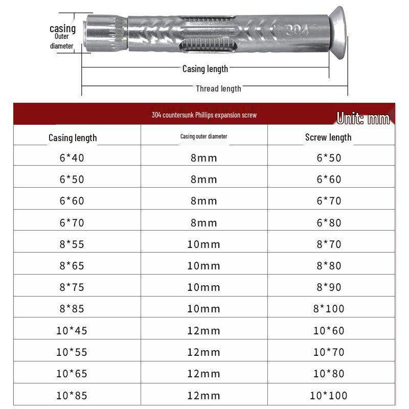 304 Stainless Steel Phillips Countersunk Head Expansion Bolt M6/M8/M10/M12