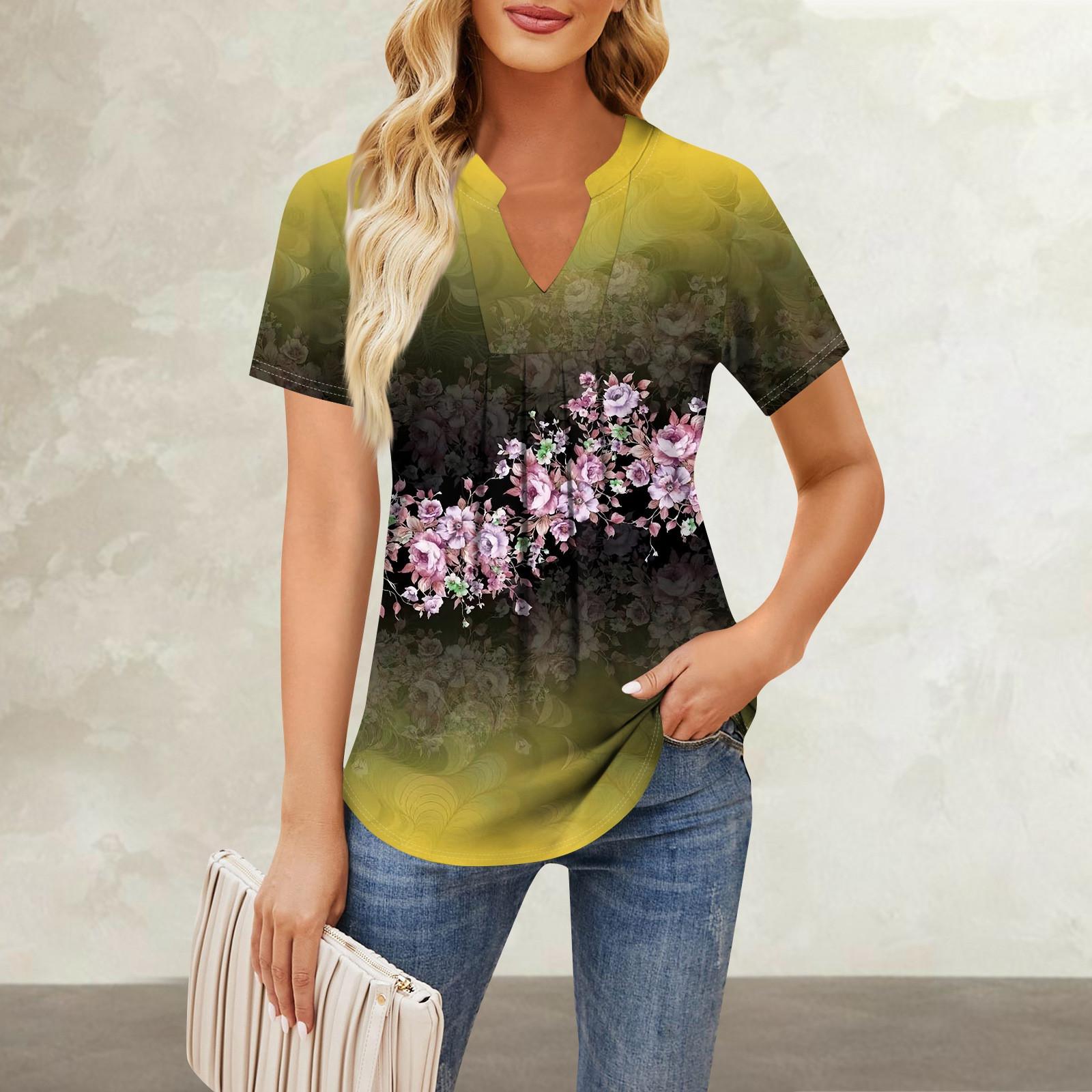 

Женская повседневная свободная футболка с коротким рукавом и v-образным вырезом на груди, плиссированная свободная футболка с принтом, топ XXL жёлтый