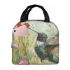 Fågel Rosa Blomma Vintage Mönster Isolerad Lunchväska för Kvinnor Barn Bärbara Matlådor Termisk Lunchlåda Tote