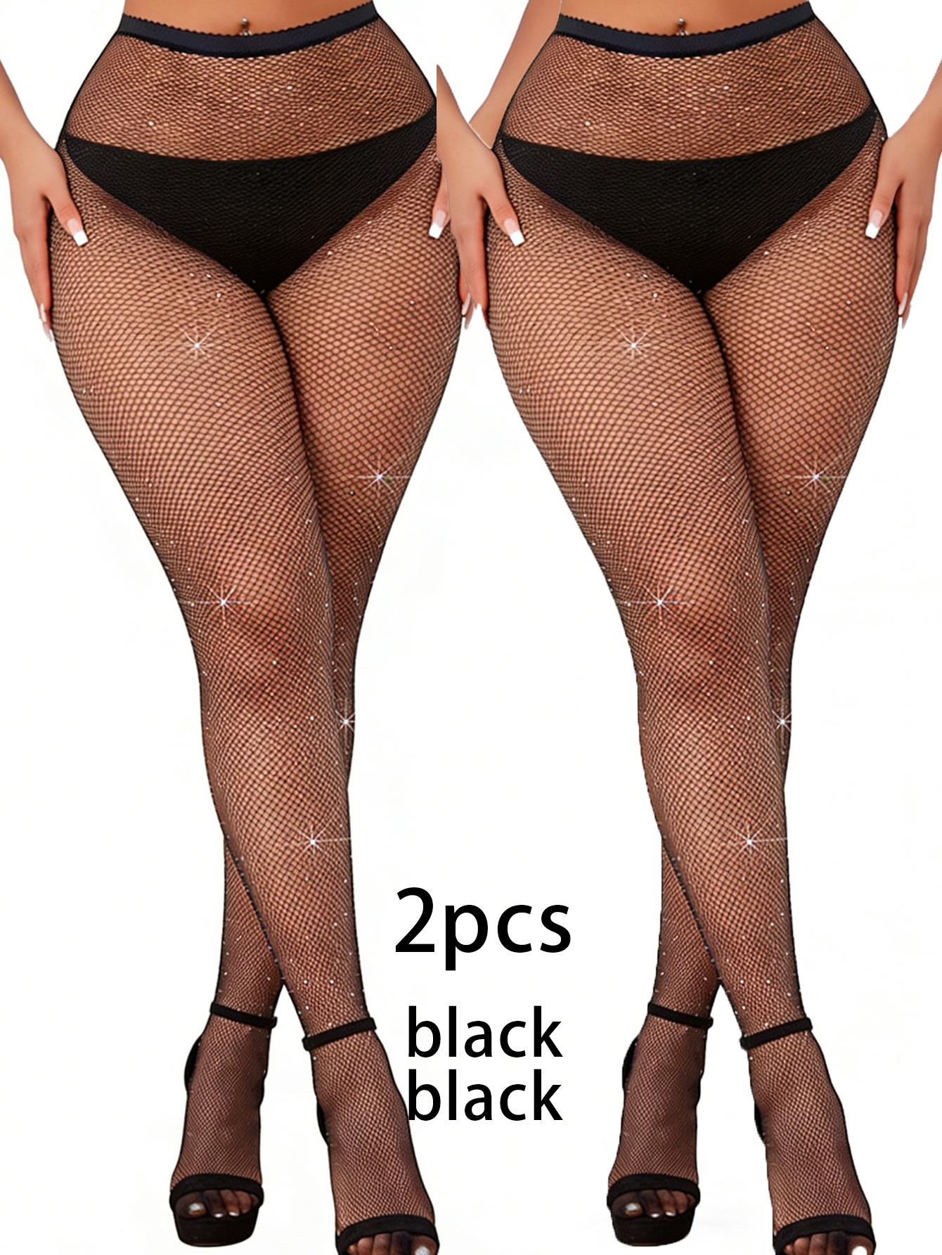 

2 Pcs Women Black & Beige Fashionable Glossy Fine Mesh Sequin & Rhinestone Ultra-Thin Bodycon Tights (Fishnet Style) One Size