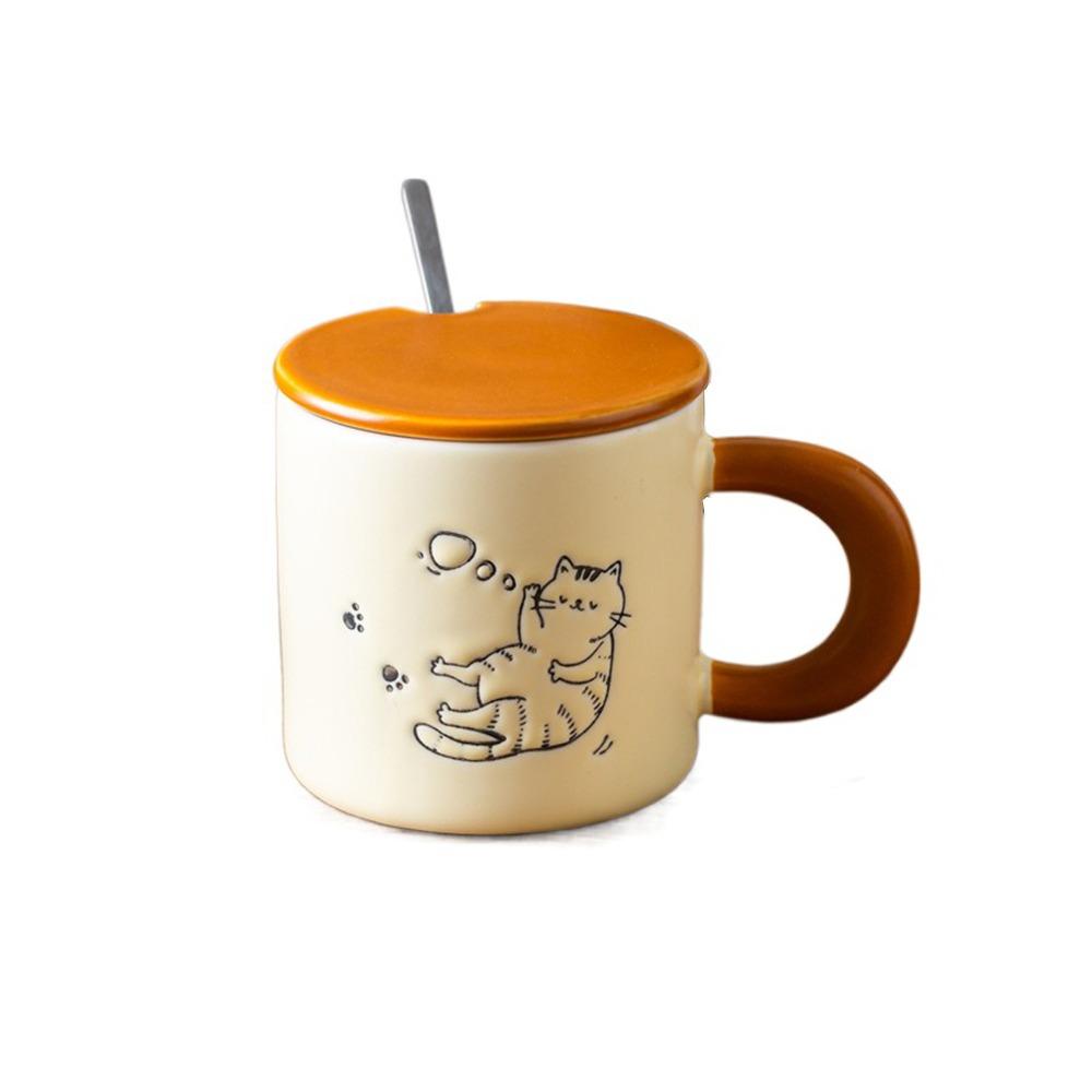 Hand Drawn Ceramic Coffee Cup with Spoon Water Cup with Lid Cartoon Cat Drinkware  Milk