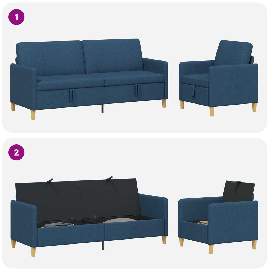 2 Piece Storage Sofa Set Blue Polyester