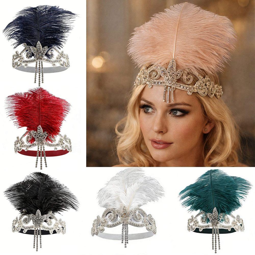 Elegante Fascia per Capelli Regolabile con Frange Decorate con Piume di Cristallo, con Perline, per Donne Flapper