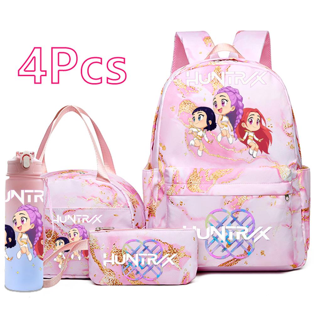 4Pcs/set Anime K-Pop Demon Hunters Printed Backpack Handbag Pencil Case 750Ml Water Bottler for Teenager Boy Girl Large Capacity Waterproof Schoolbag