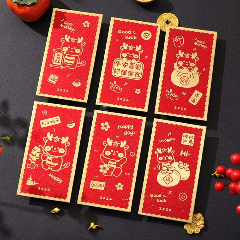 6Pcs Square Rectangle Chinese New Year Red Envelope Shining Lucky Money Bag  2024 Year of Dragon