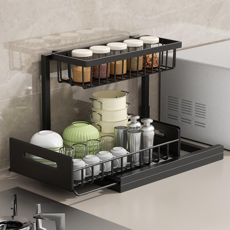Pull-Out Under Sink Organizer Rack Kitchen Counter Storage Carbon Steel Multi-Use Drawer Basket With Spice Bottle Holder
