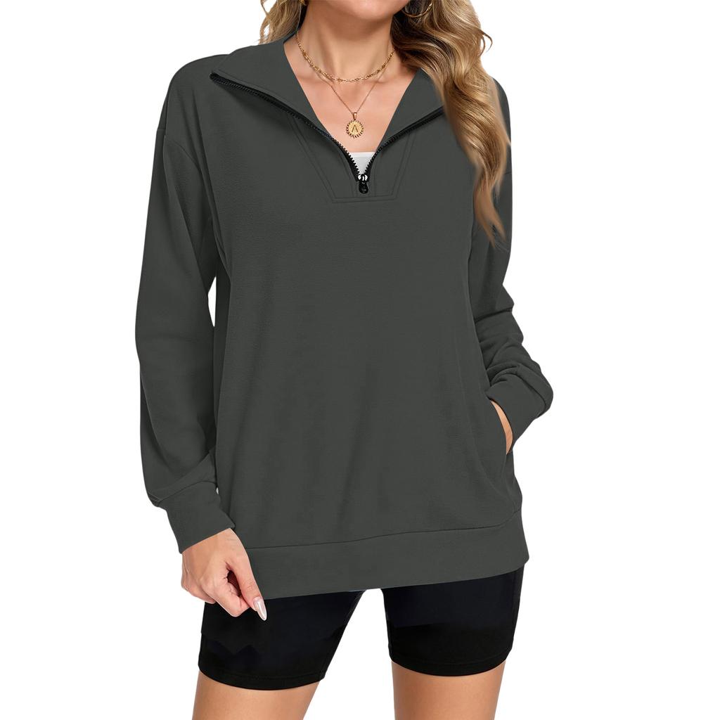 Women's Casual Zip-Up V-Neck Loose Fit Long Sleeve Sweatshirt