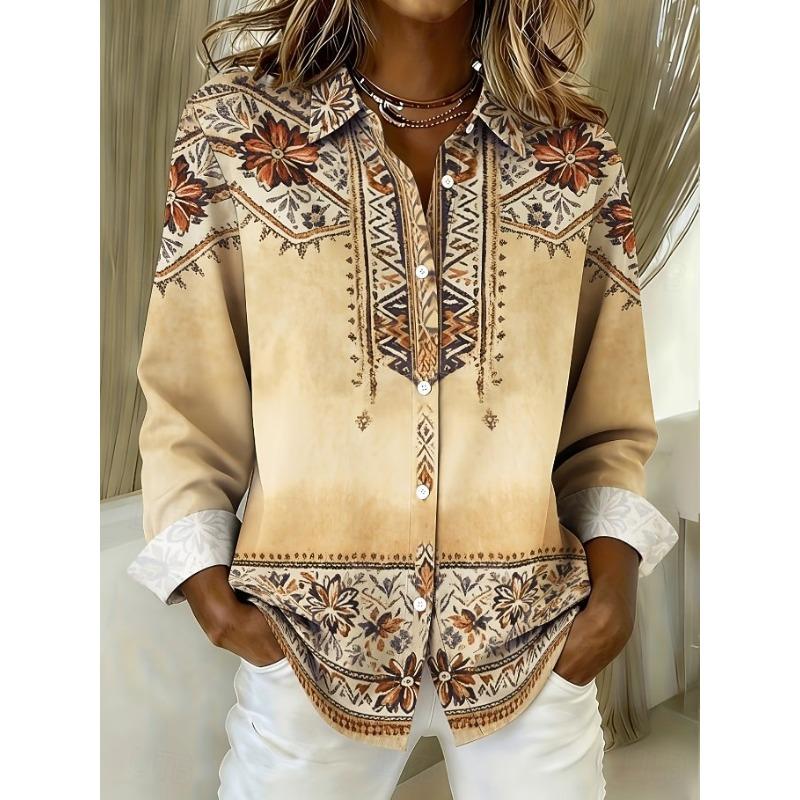 Damen Hemden Hemd Patchwork Knopf Druck Grafik Geometrisch Karriert Vintage Tropisch Alltag Langarm V-Ausschnitt Hemdkragen Langes Oberteil.