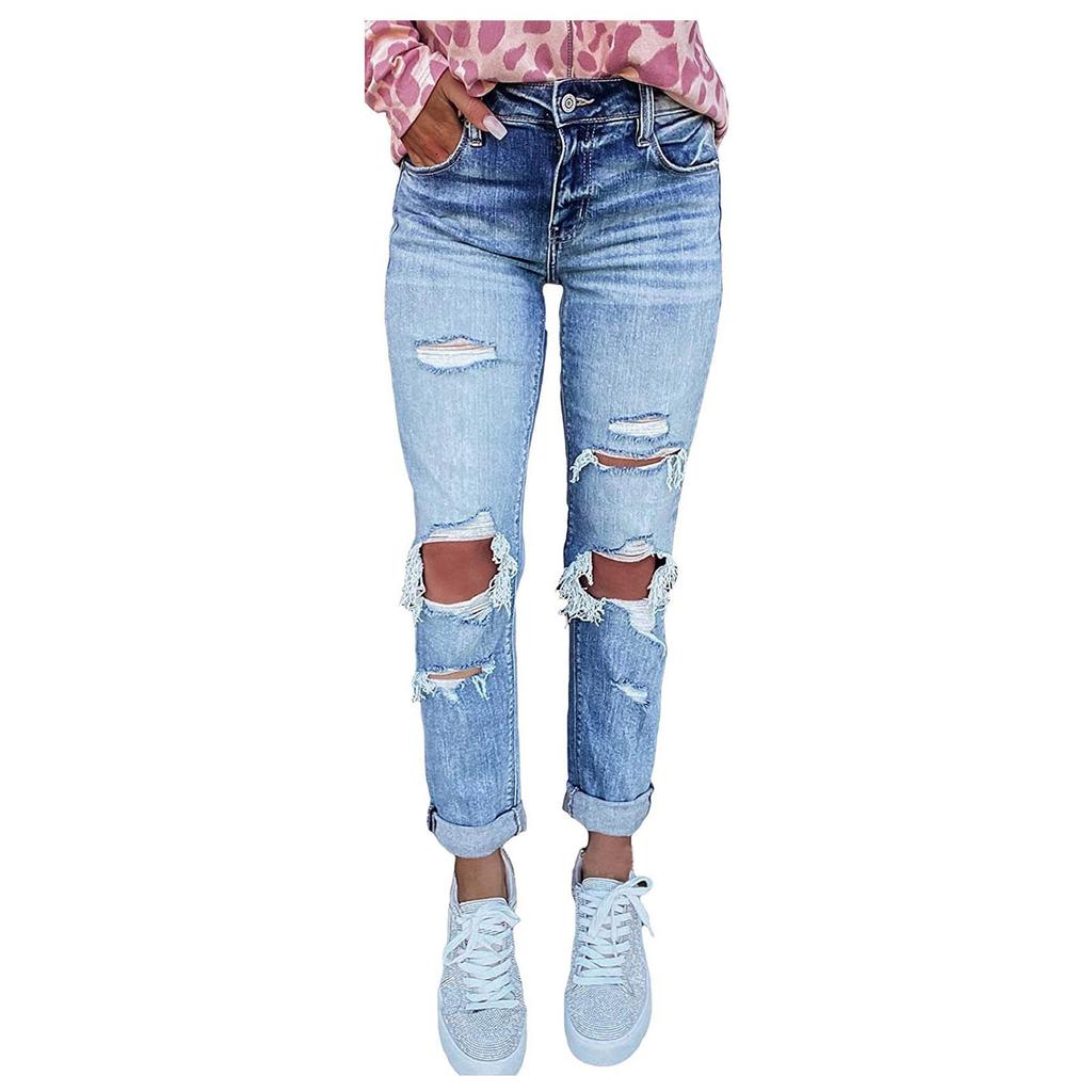 Women Color Hole Low Waist Jeans Flares Fashion Pants Trouser