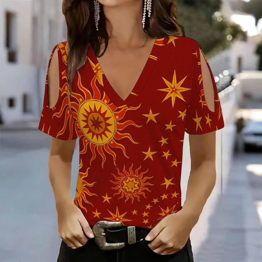 Women V Neck Cold Shoulder Blouse Black Background Colorful Star Print Short Sleeve Top