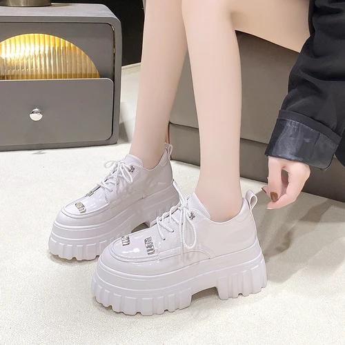 fashion British Style Chunky Platform Pumps Women 2024 Spring Autumn Lace Up Thick Heels Loafers Woman Round Toe Patent Leather Shoes