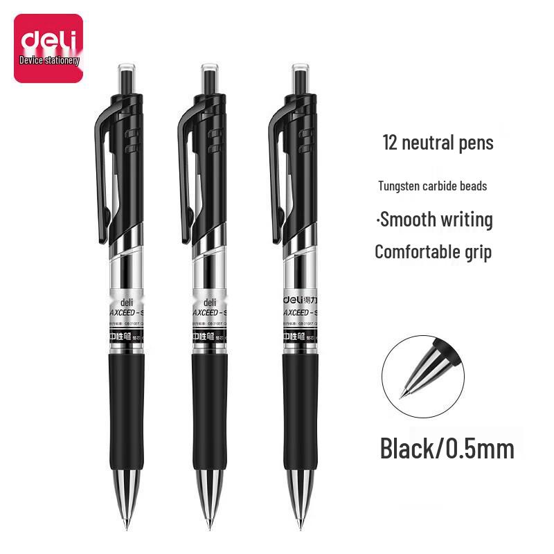 Deli Ret retractable Gel Pen 0.5mm Black (12-Pack)