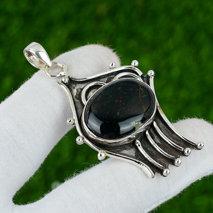 

Sterling Silver March Birth Oval Bloodstone Gemstone Bezel Engagement Pendant