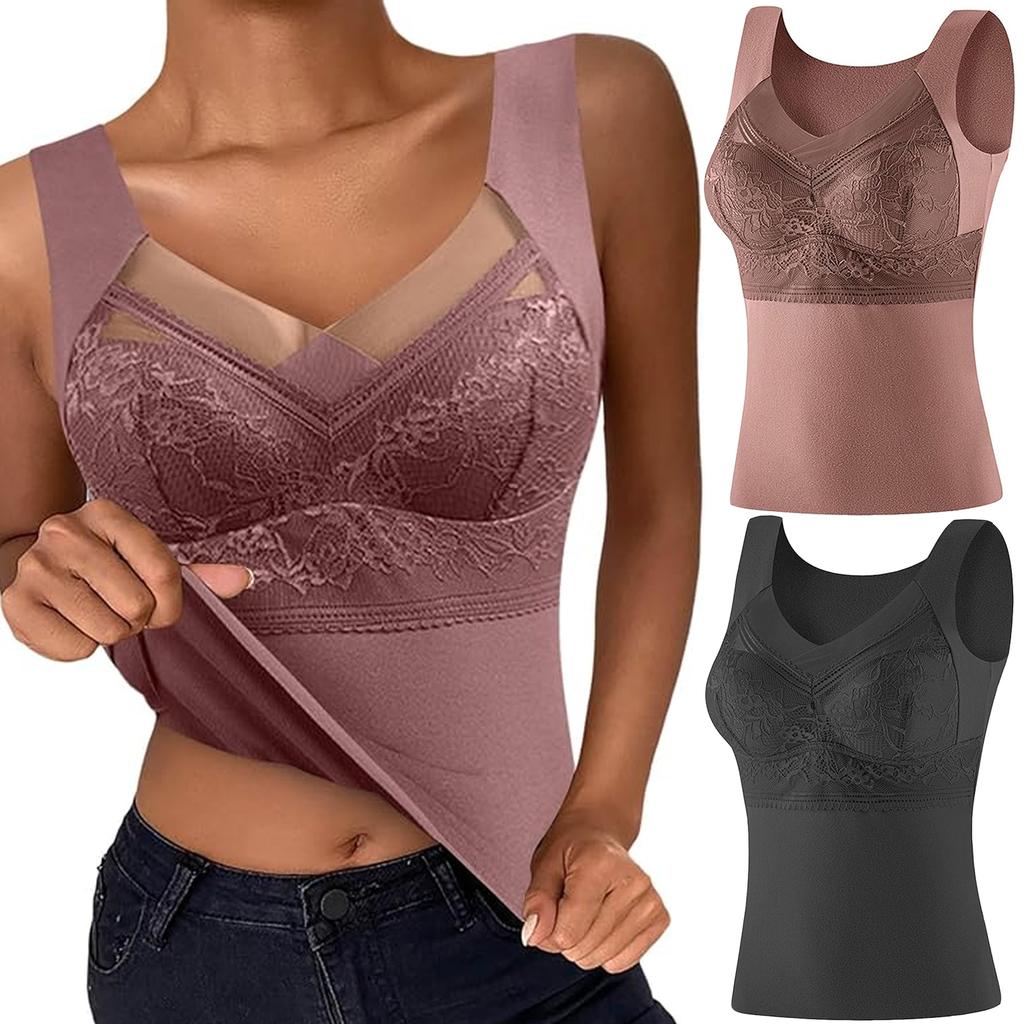 Thermal Underwear with Built in Bra Women Sleeveless Undershirt Cold Weather Thermal Tank Top Warm Lace Base Layer