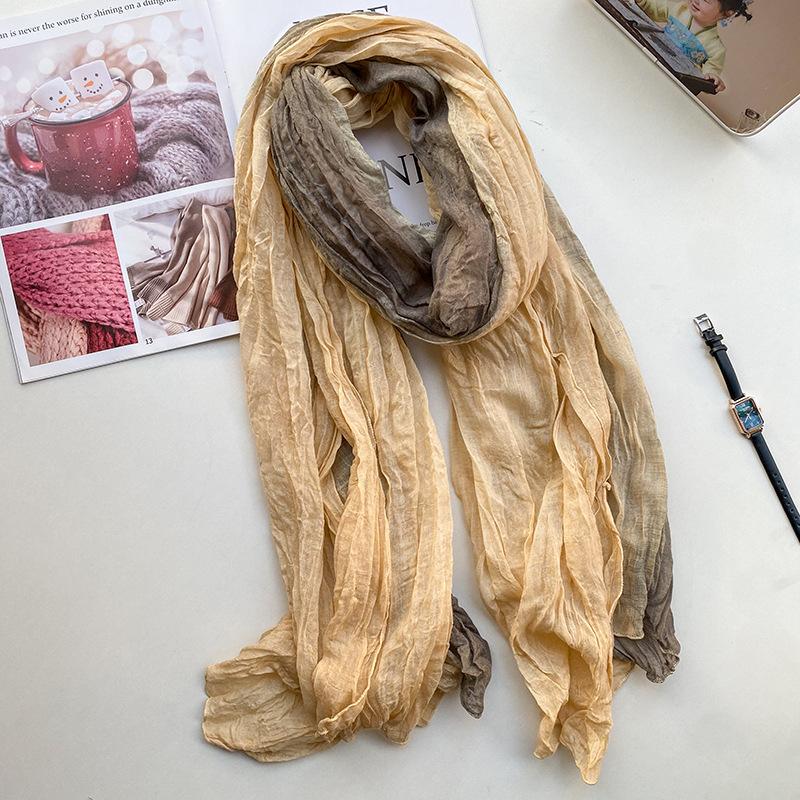 Retro Ethnic Style Cotton and Linen Scarf Women Tie-dye Long Folds Gradual Change Color Shawl Korean Literary Fresh Cotton Silk