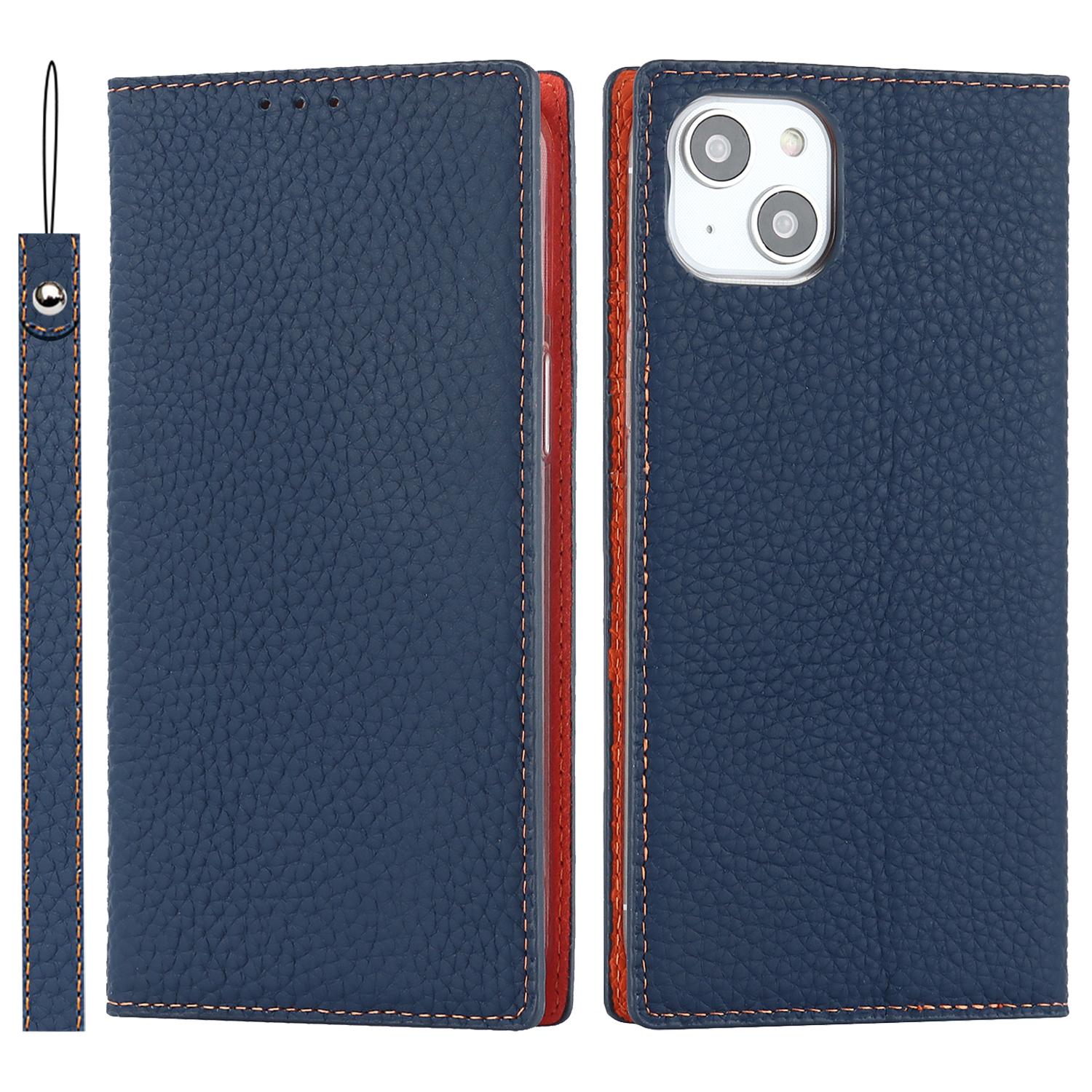 

For iPhone 15 Genuine Cow Leather Case Litchi Texture Anti-fall Wallet Stand Phone Cover with Strap Dark Blue