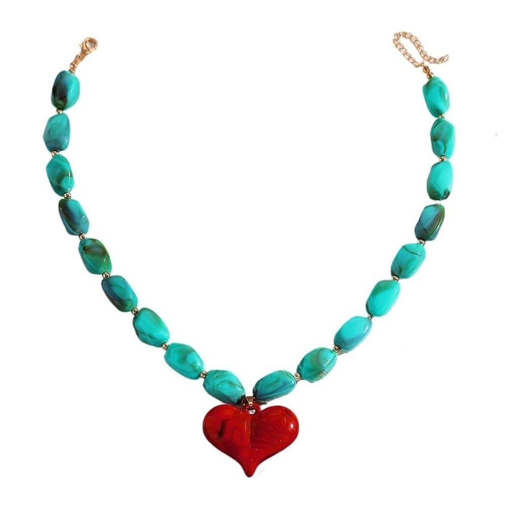 Colorful Heart Pendant Necklace Multi-Color Statement Jewelry Unique Bead Choker  Vacation Wear