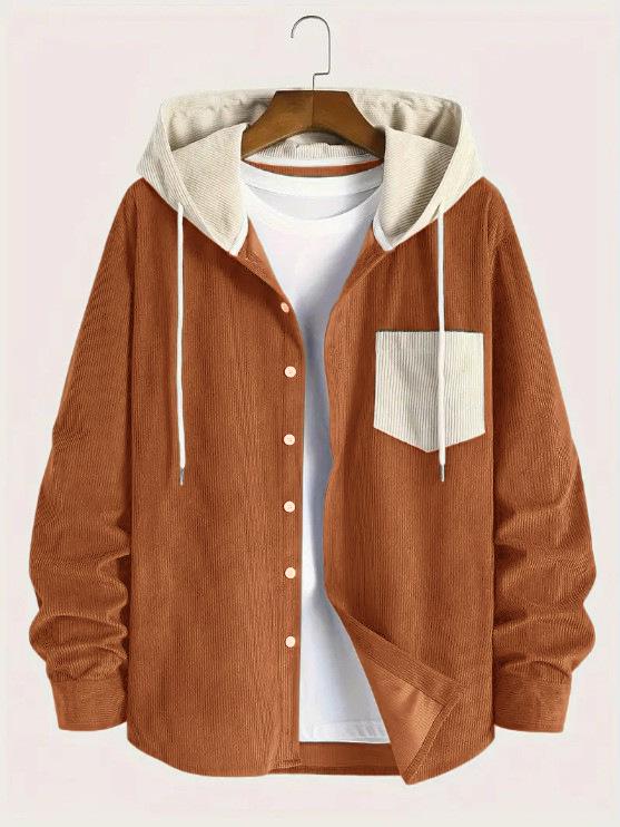 Men's Color-Block Corduroy Hooded Jacket - Warm and Thickened Design