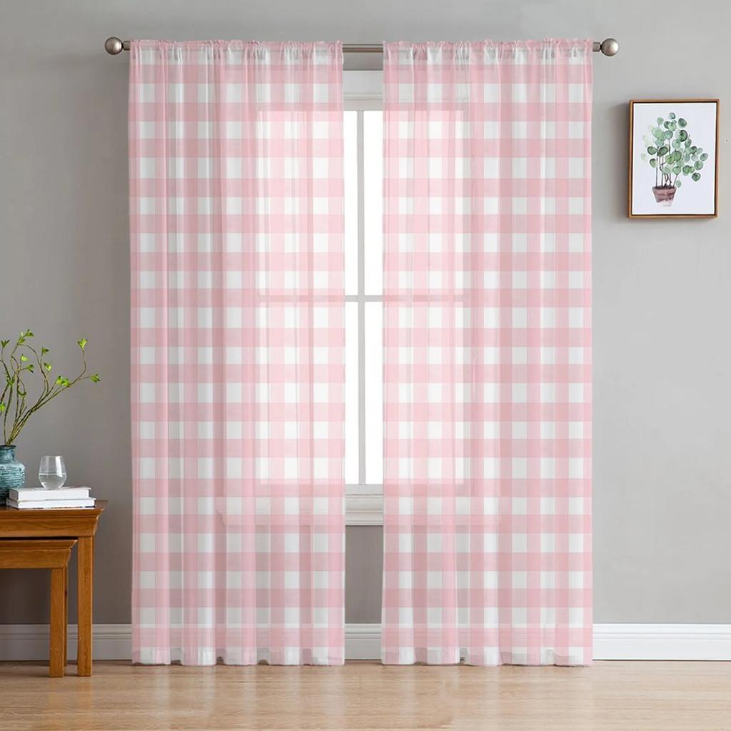 Plaid Geometric Weave Voile Sheer Curtains For Living Room Window Chiffon Tulle Curtain Kitchen Bedroom Drapes Home Decor