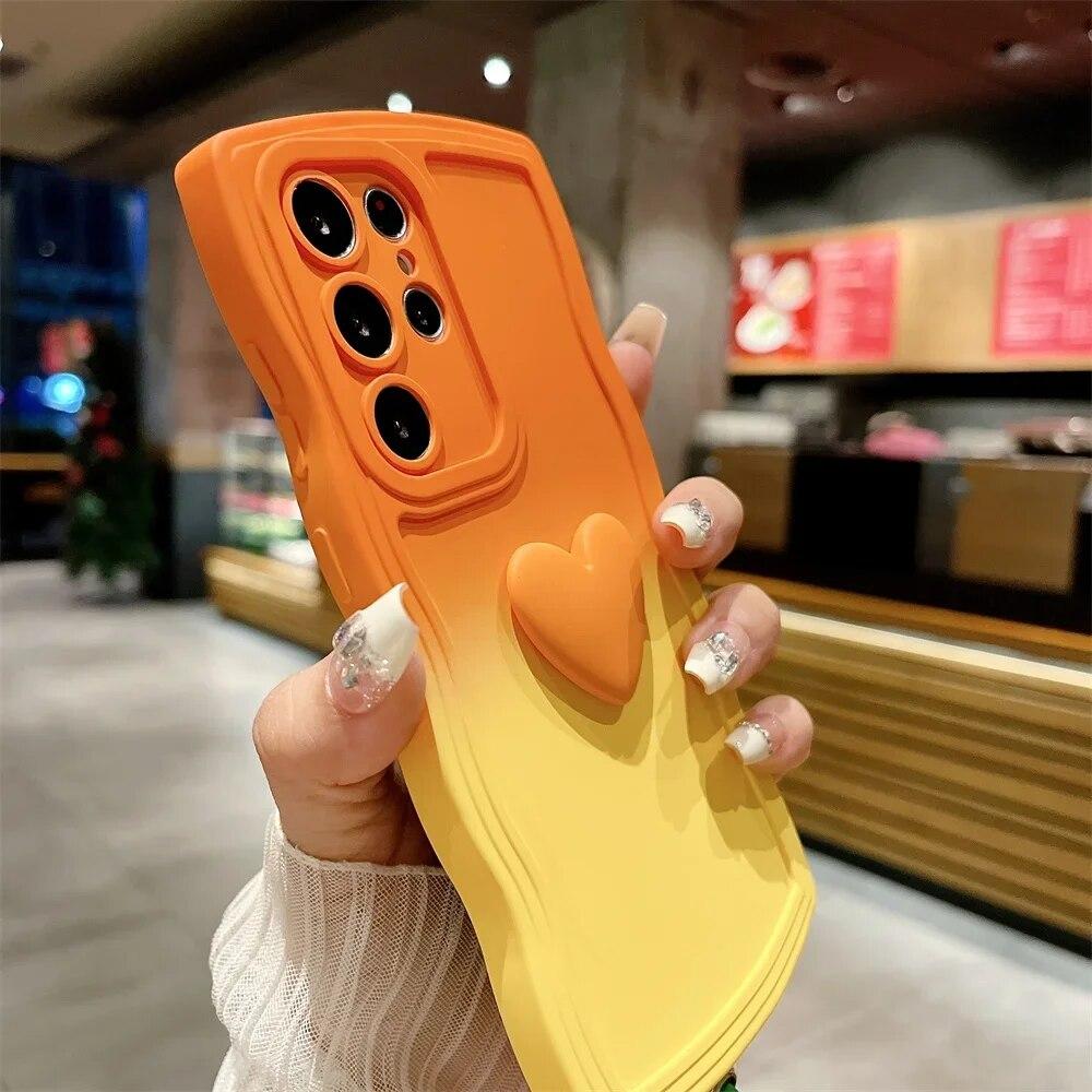 Gradient Love Heart Lanyard Case for Samsung Galaxy S24 Ultra S23 S22 Plus S21 S20 FE A54 A14 A34 A52 A53 Wrist Strap Wave Cover