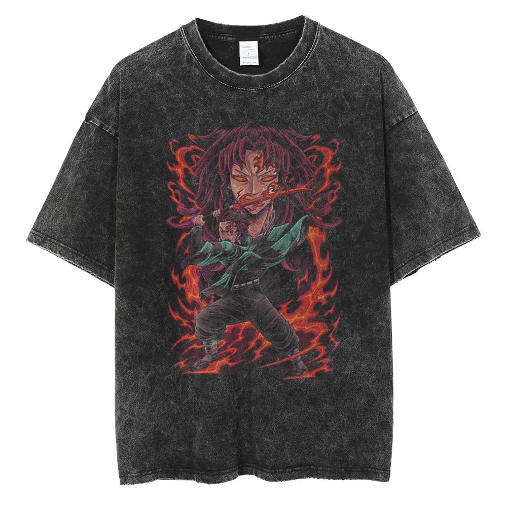 Anime Demon Slayer Rengoku Kyoujurou Print T Shirt Men Women Washed Cotton Tshirts Manga Tee Harajuku Male Casual Loose T-shirt