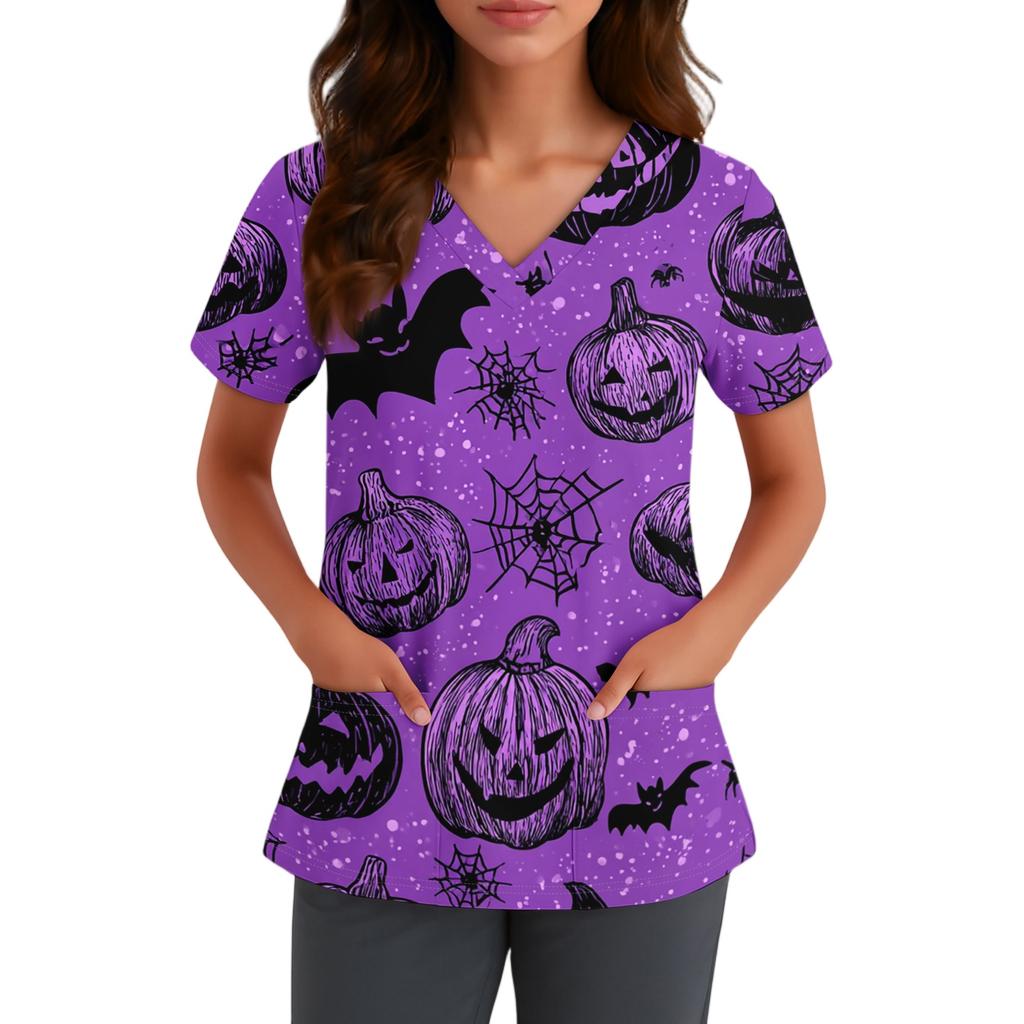 Women V Neck Short Sleeve Printed Top with Pockets Halloween Pattern Comfortable Fit for Healthcare Professionals