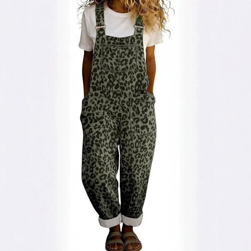 Leopard Print Denim Overalls With Adjustable