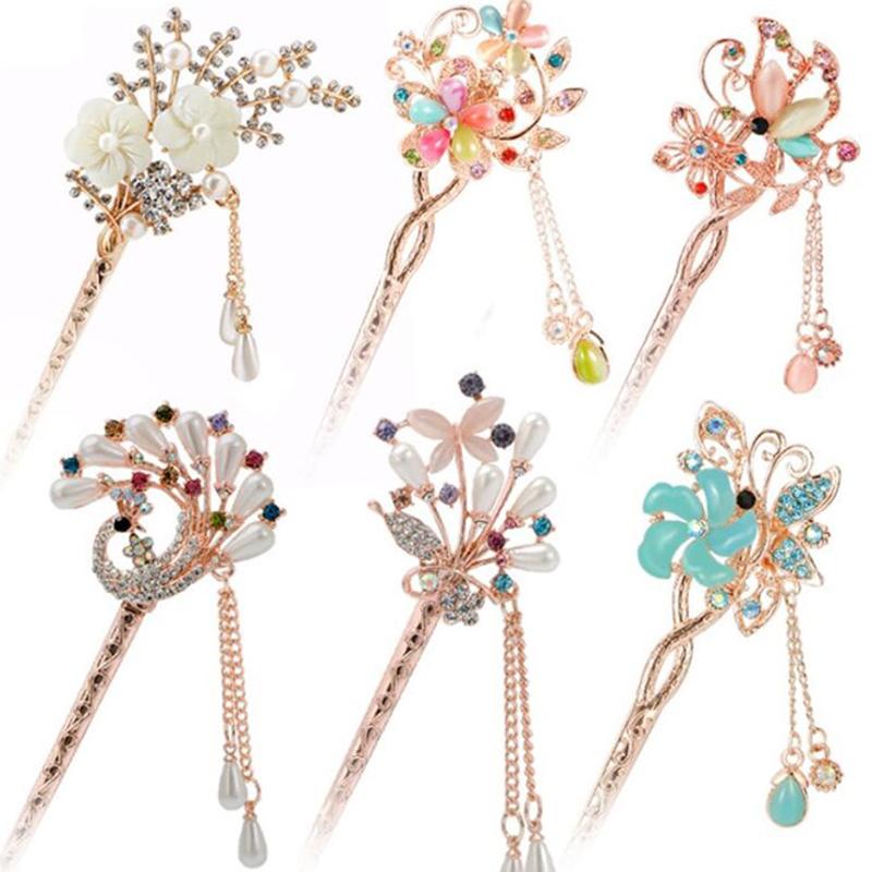 Vintage Chinese Style Hair Stick, 1 Piece Metal Hairpin with Rhinestone Decoration