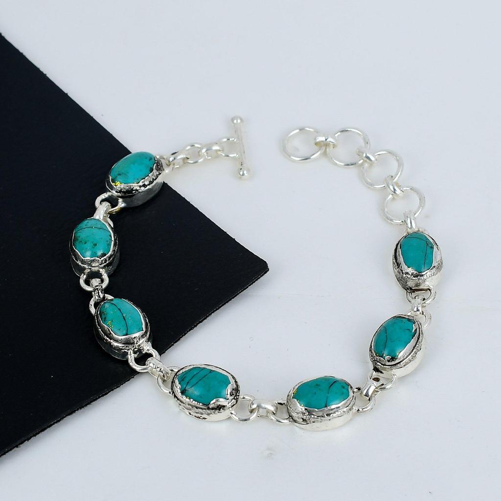 Statanta Rosa Tyrkysový Drahokam Ručně Vyrobený Náramek ze Sterlingového Stříbra 925, Statanta Rosa Tyrkysový Náramek pro Manželku, Unisex Náramek Svatba Dárek