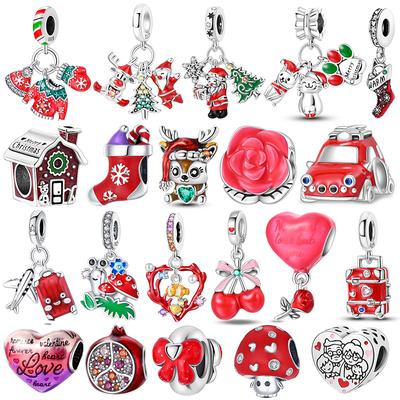 925 Silver Red Color Christmas Series Heart Shape Charms Beads Fit Original Bracelets Lucky Jewelry Gifts Diy Making
