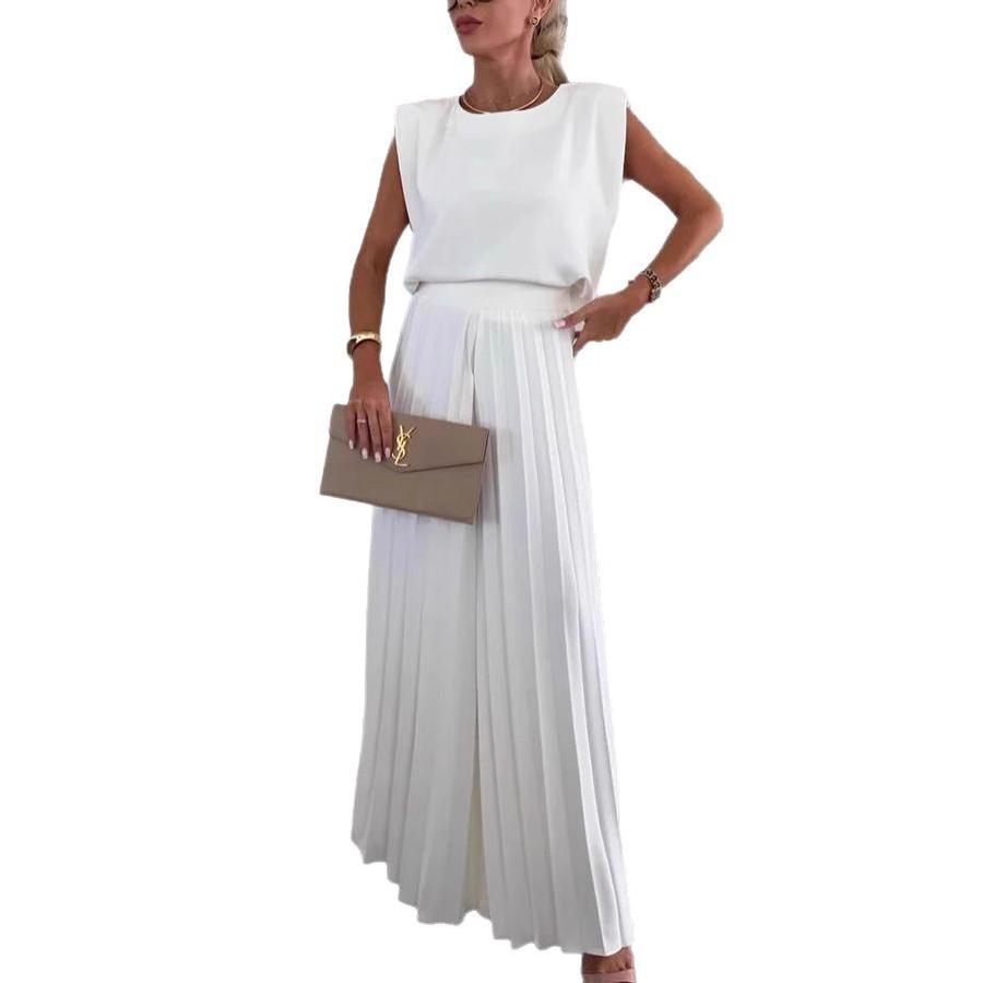 Women's Fashion Set Round Neck Sleeveless Top Wide Leg Pants Two Piece Casual Outfit