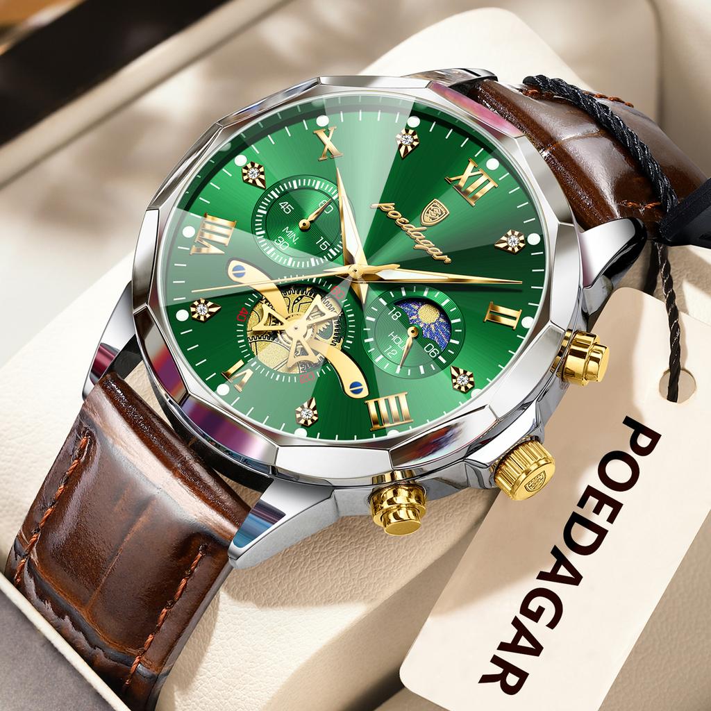 Luxury Men Wristwatch Quartz Waterproof Luminous Moon Phase Chronograph Leather Man Watch Male Reloj