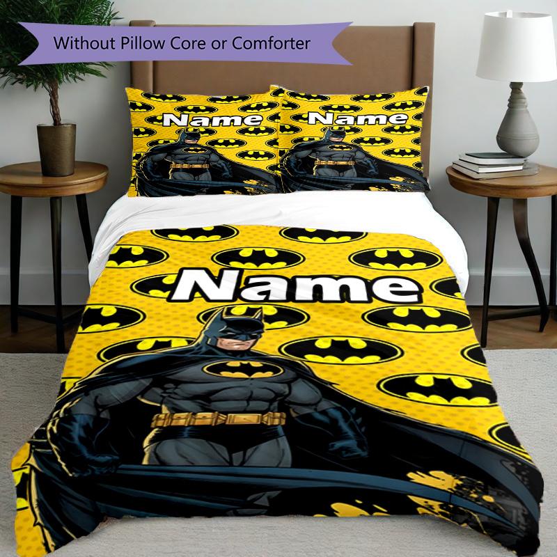 3pcs Duvet Cover Set (1*Duvet Cover + 2*Pillowcase, Without Core), Custom Name Batman Pattern Bedding Set, Home Bedroom Decor Gift