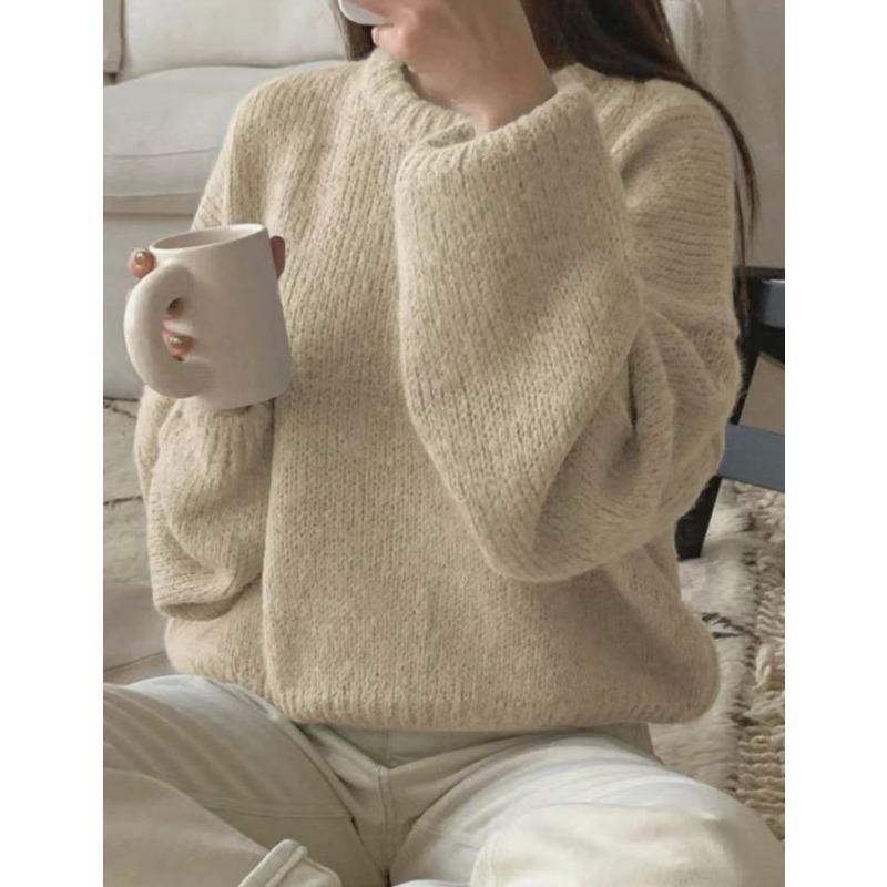 Crew neck imitation mohair sweater women's autumn and winter knitted top fashion casual sweater women's clothing